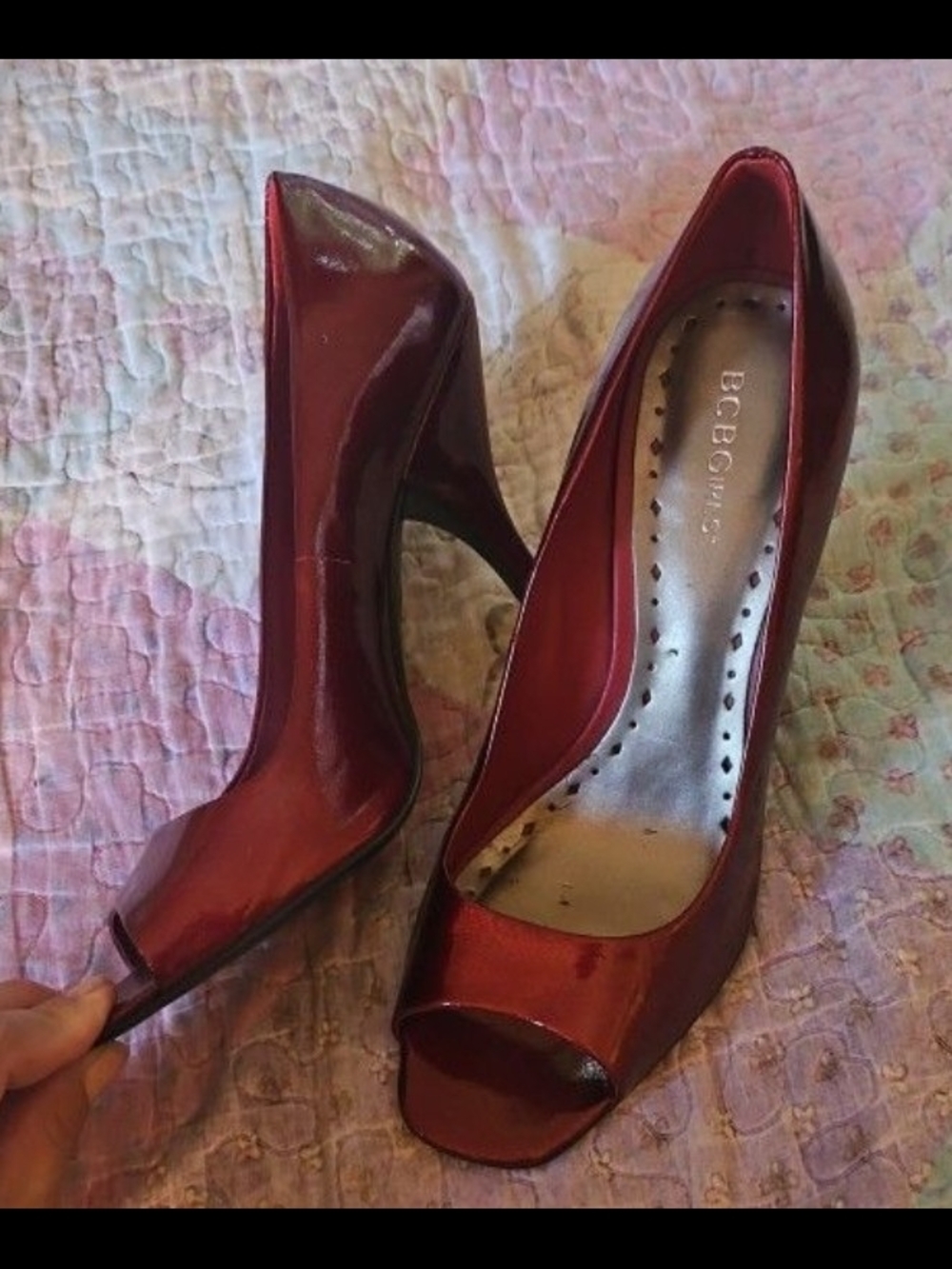 BCBGeneration Red Patent Peep-Toe Pumps